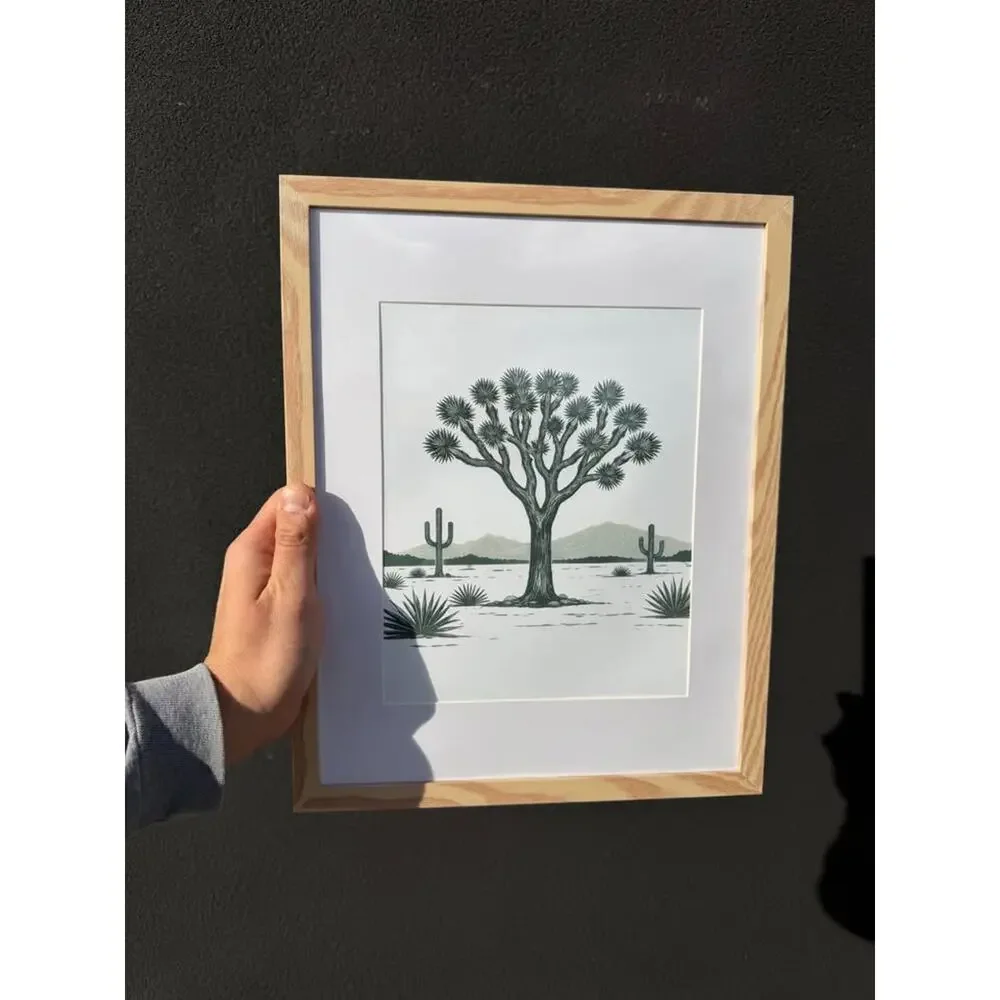 Framed Black Joshua Tree Desert Art Print — Natural Wood Frame